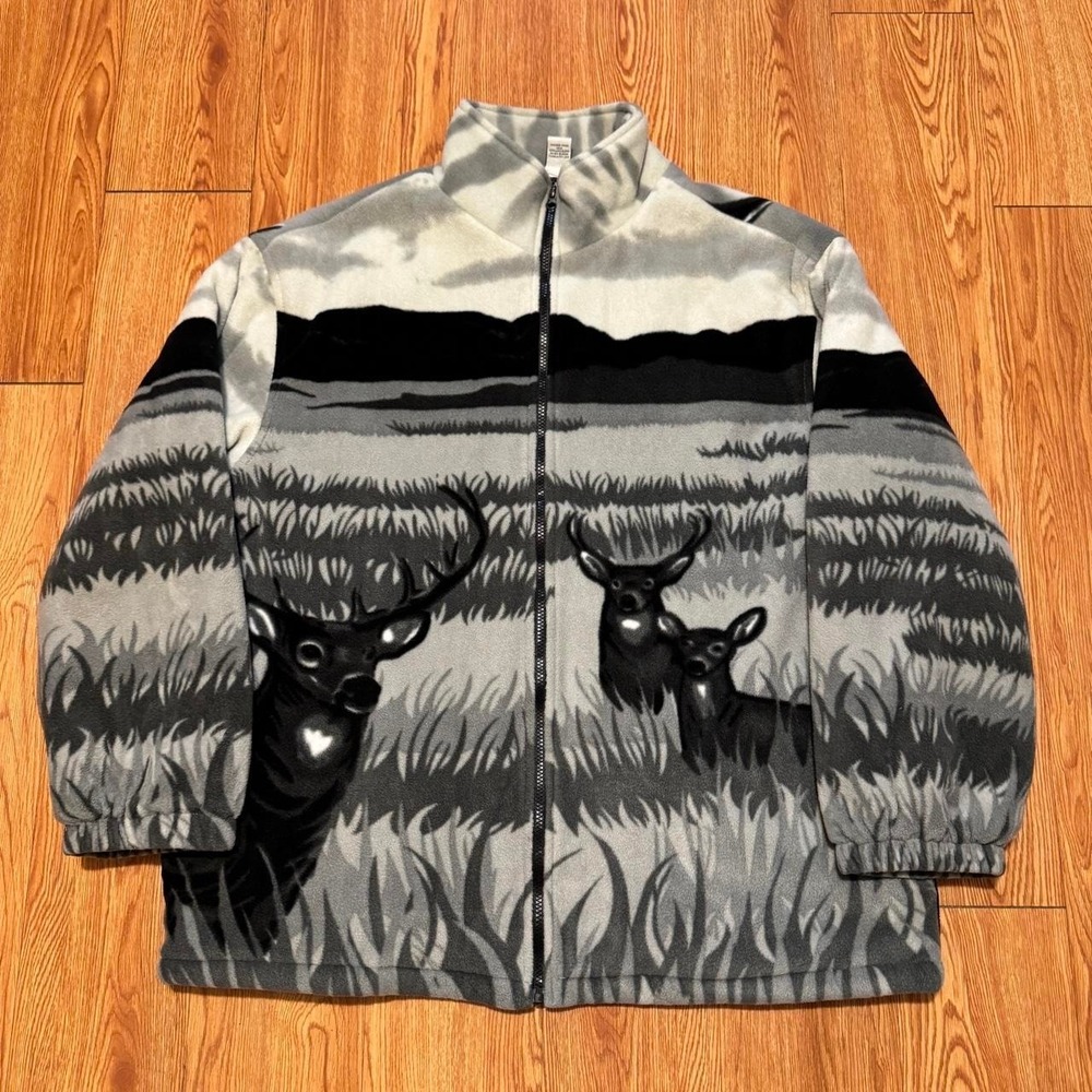 Cozee Corner Women's Fleece 1X Nature Full Zip Wildlife Deer Gray 90s Vintage